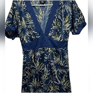 BLUE & GOLDEN YELLOW V-NECK FLOWERS & FIREWORKS SINCHED WAIST DRESS